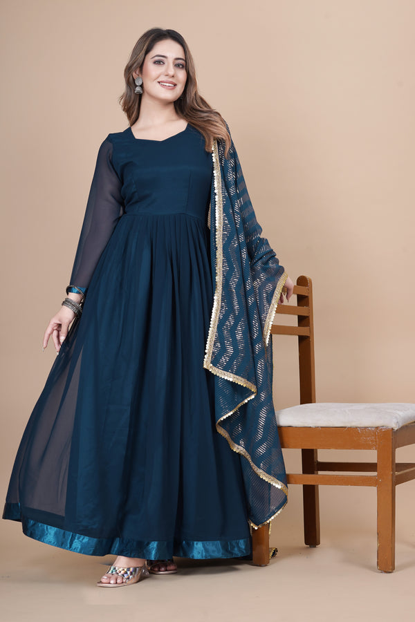 Premium Designer Party Wear: Blue & Black Faux Georgette Gown Set with Dupatta