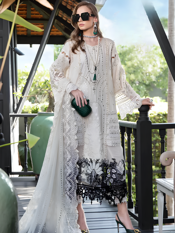 Luxurious White Cambric Cotton Suit with Intricate Embroidery | Women's Fashion Statement