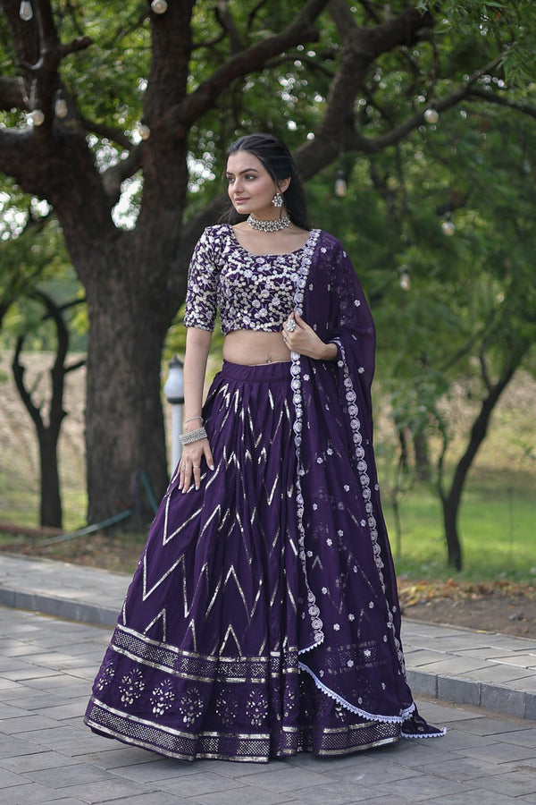 Luxurious Purple Designer Lehenga Choli: Faux Blooming with Sequins and Thread Embroidery