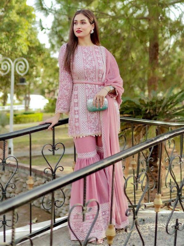 Pink Fox Georgette Ethnic Wear: Graceful Embroidered Ensemble for Elegant Occasions