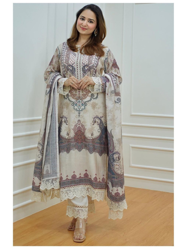 Ivory Pakistani Suit: Digital Prints, Sequin Embroidery, and Shifli Chikankari on Pure Muslin