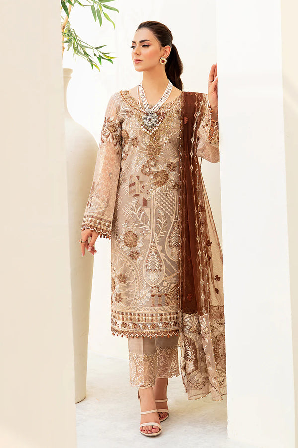 Brewing Beauty: Coffee Floral Fantasy Faux Georgette Suit with Embroidery & Diamonds