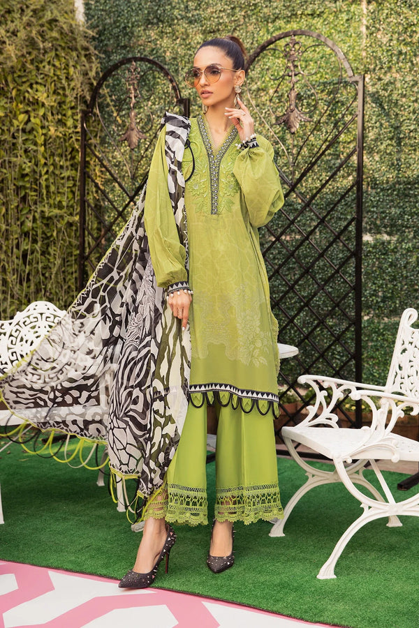 Prints and Elegance: Embroidered Parrot Green Cotton Suit Ensemble