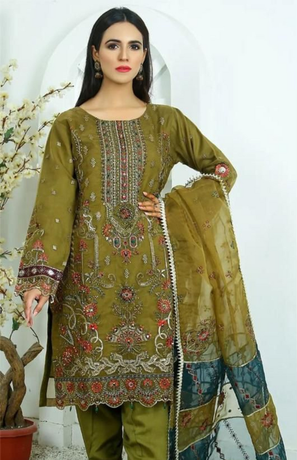 Mehendi Green Beauty : Embroidered Pure Organza Suit for Fashion-Forward Ladies