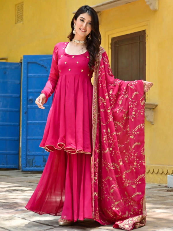 Stylish Designer Pink Gharara Suit Set - Top, Palazzo & Dupatta