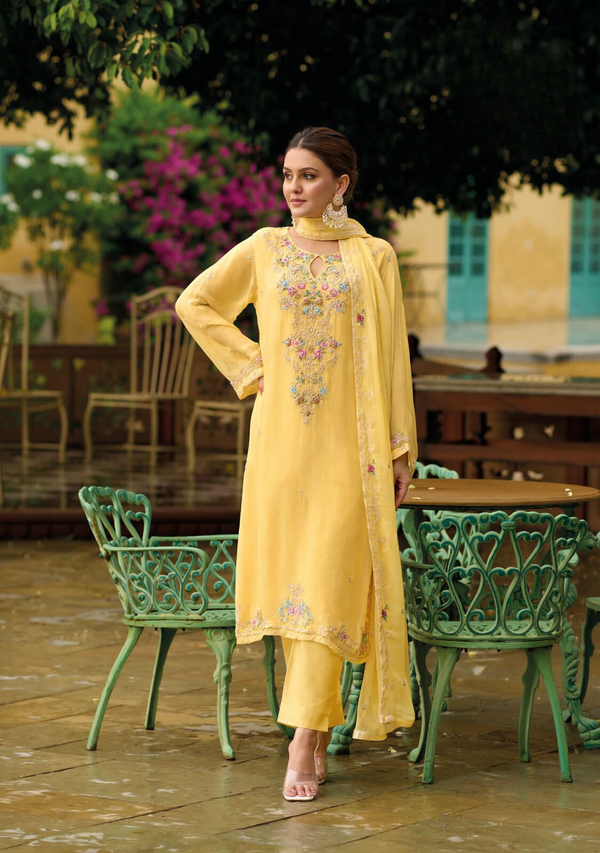 Sunshine Glow: Yellow Pure Chiffon Suit Adorned with Intricate Embroidery and Khatali Craftsmanship