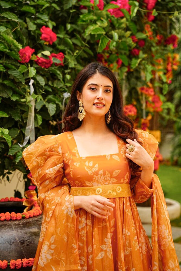 Saffron Delight: Party-Perfect Anarkali Gown Set with Dupatta & Bottom