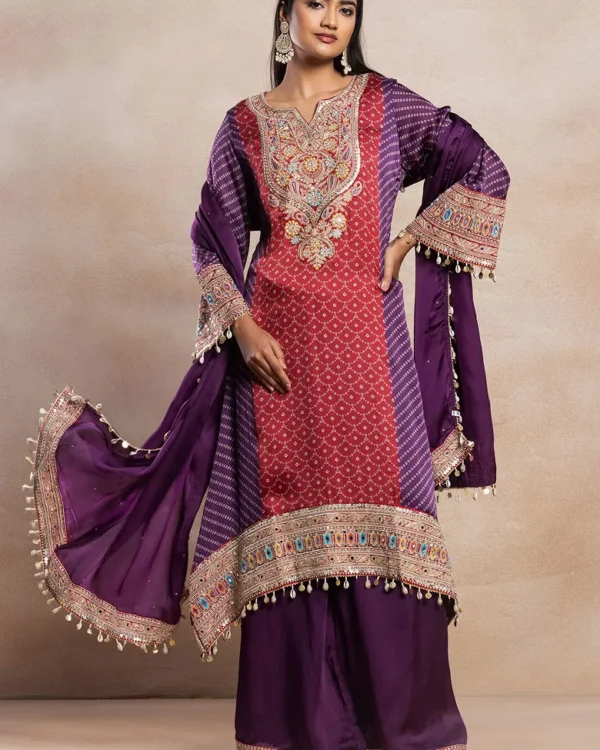 Red And Purple Chinon Silk Kurta Set With Palazzo And Dupatta by Arish