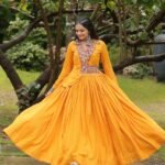 Mustard Color Reyon Designer Koti Style Navratri Gown