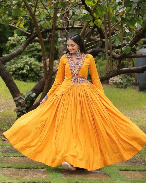 Mustard Color Reyon Designer Koti Style Navratri Gown