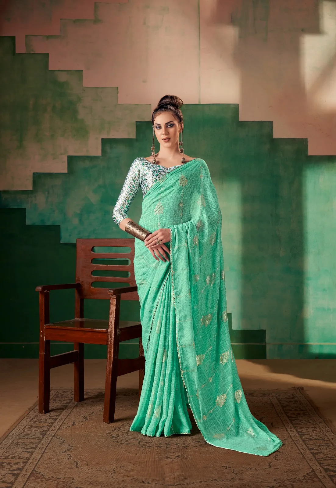 Cyan Georgette Fancy Saree Set