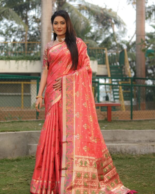 Coral Organza Silk Saree