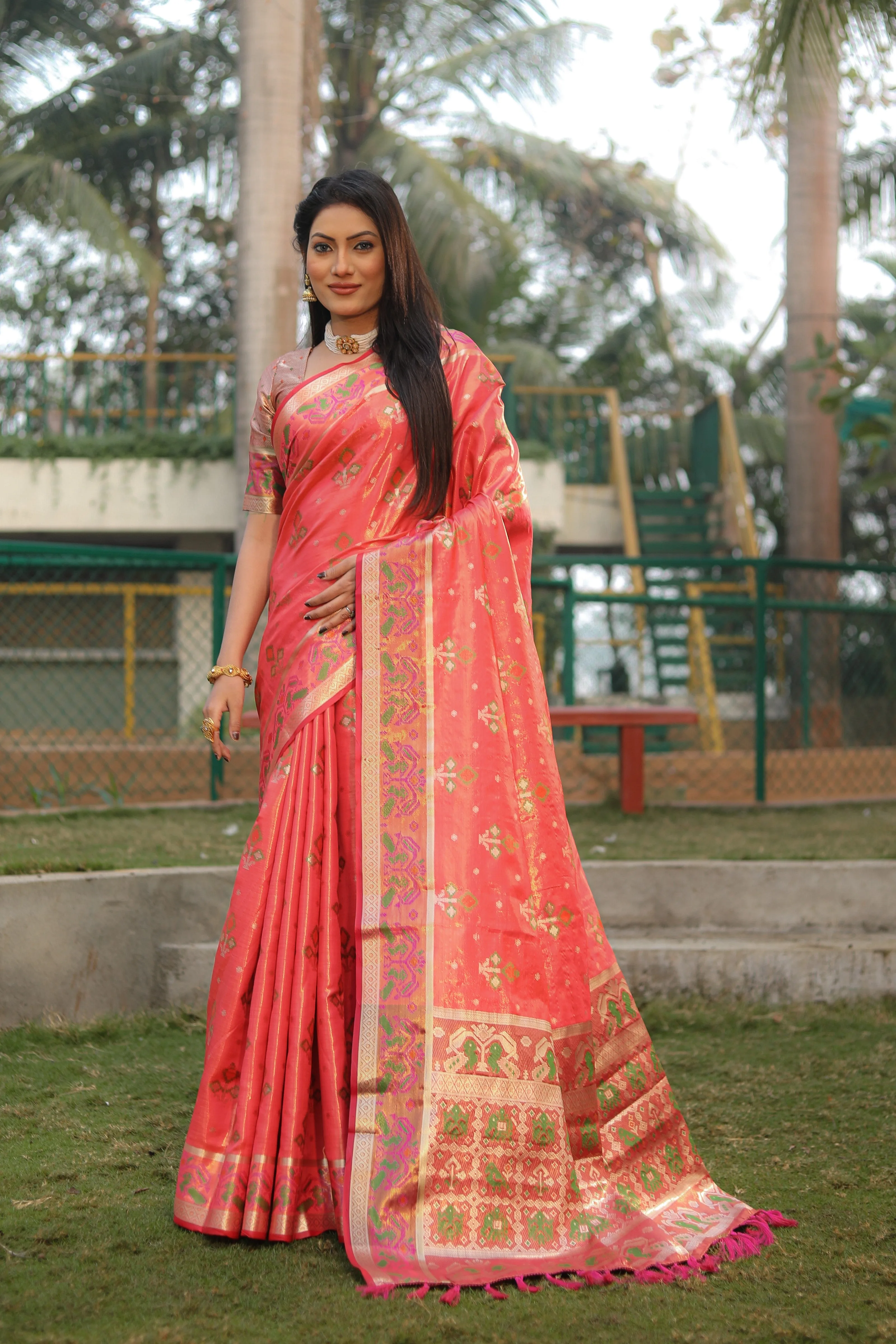 Coral Organza Silk Saree