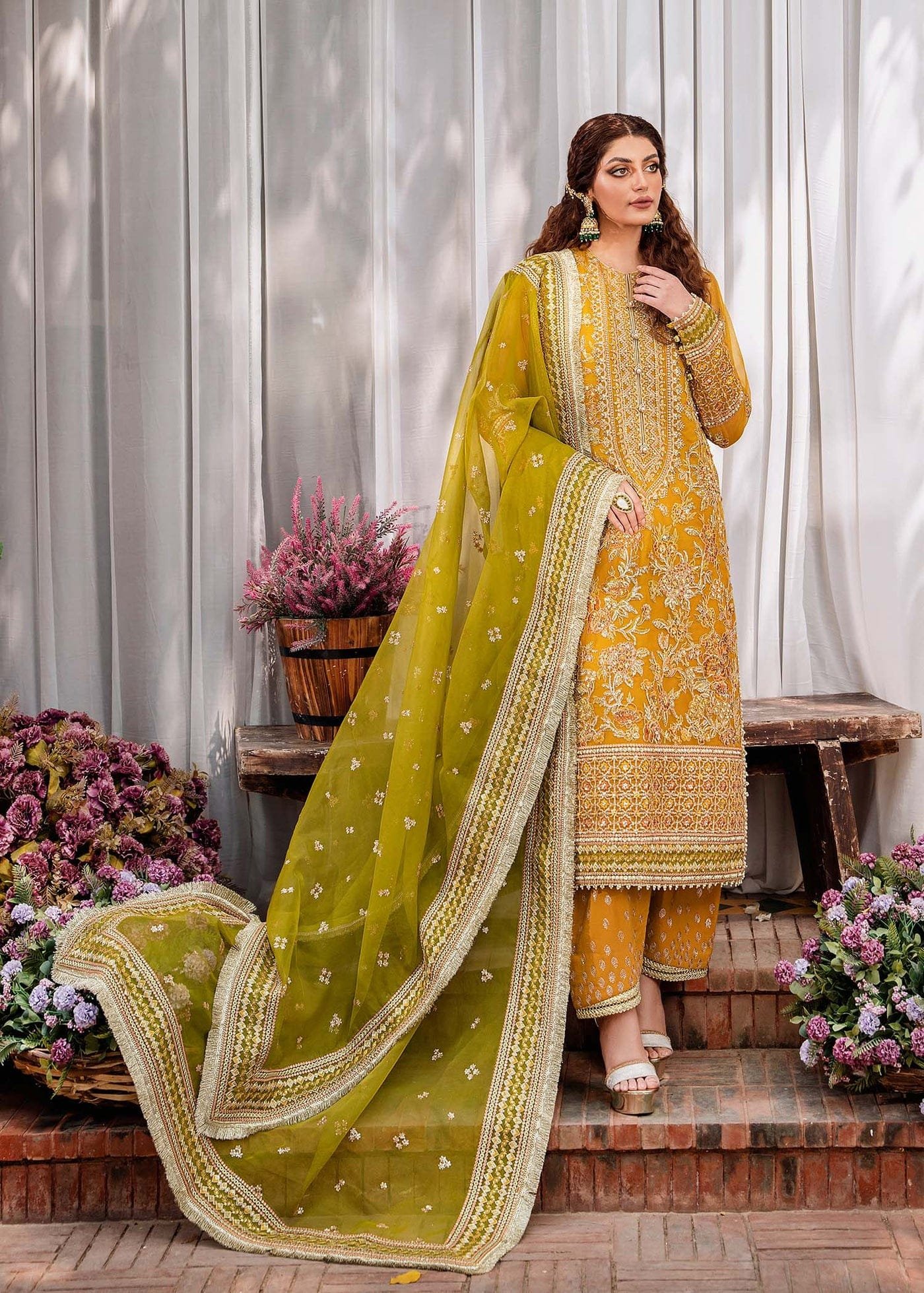 Vibrant Lime Yellow Premium Georgette Sa...