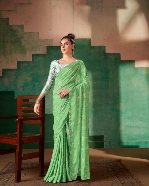 LiteGreen Georgette Fancy Saree with Digital Print Blouse Design