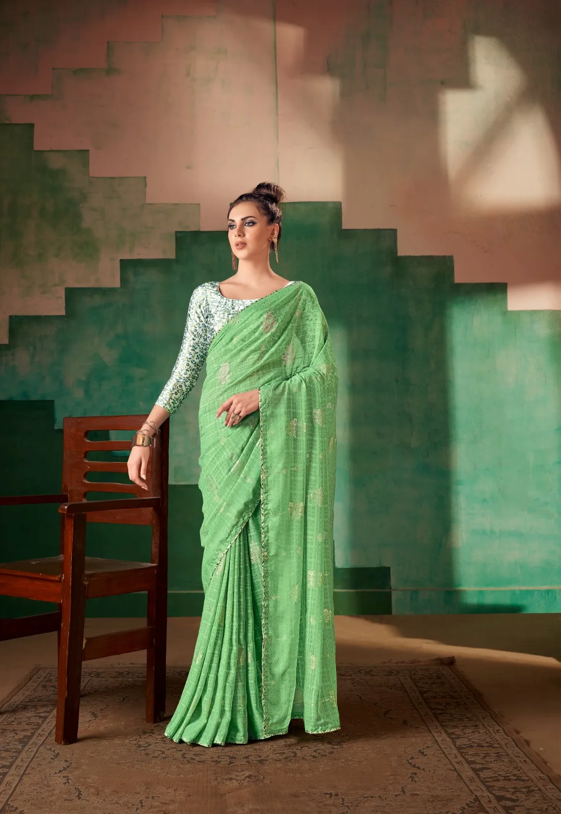 LiteGreen Georgette Fancy Saree with Digital Print Blouse Design