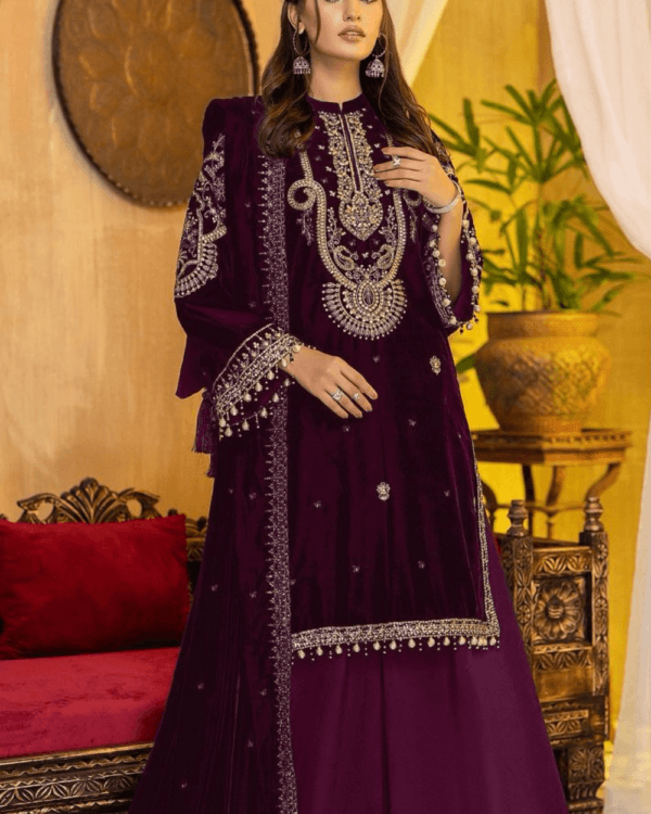 Maroon Velvet Pakistani Salwar Kameez Set For Diwali