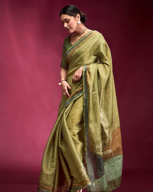 Olive Tusser Silk Saree For Women