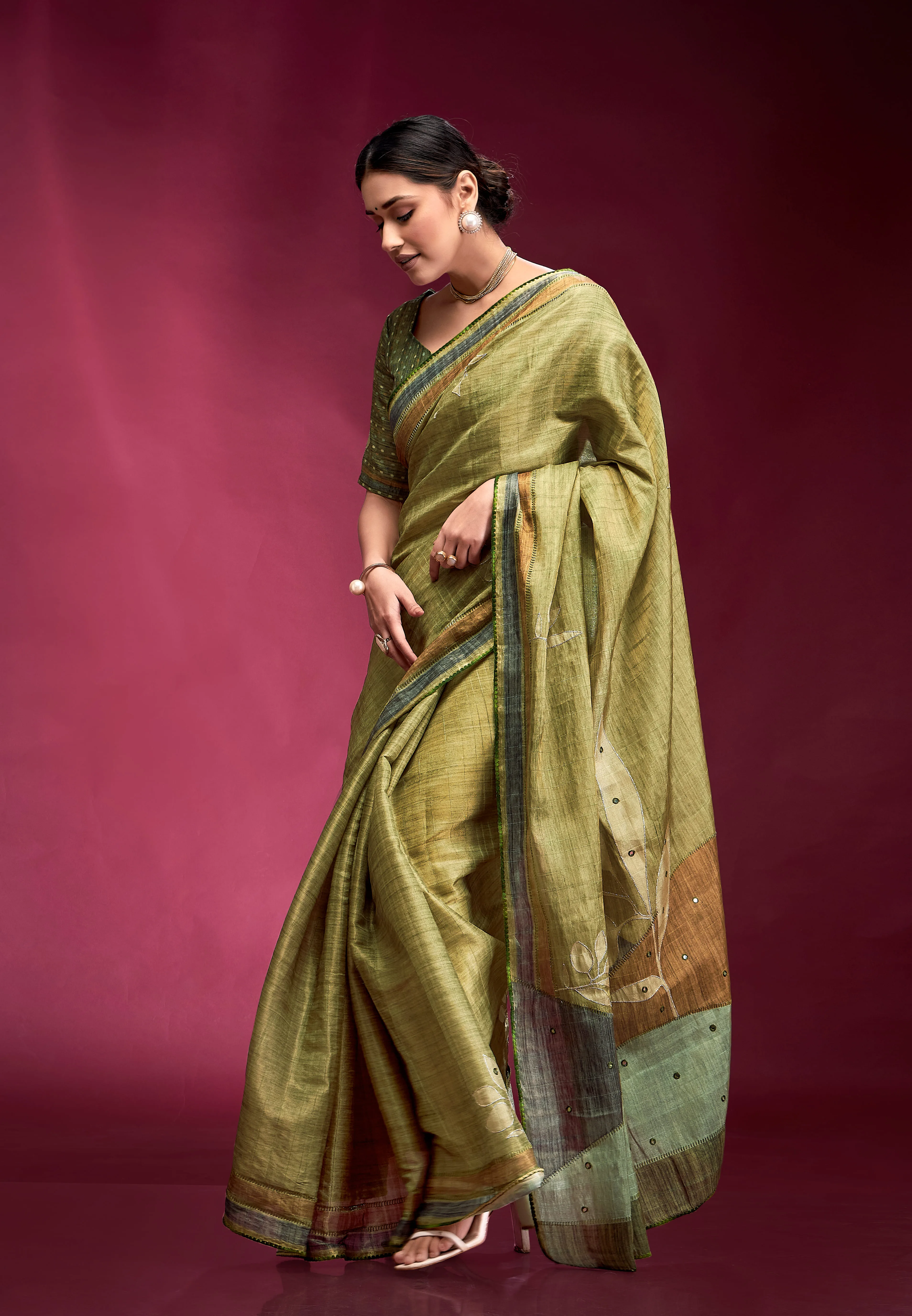 Olive Tusser Silk Saree For Women