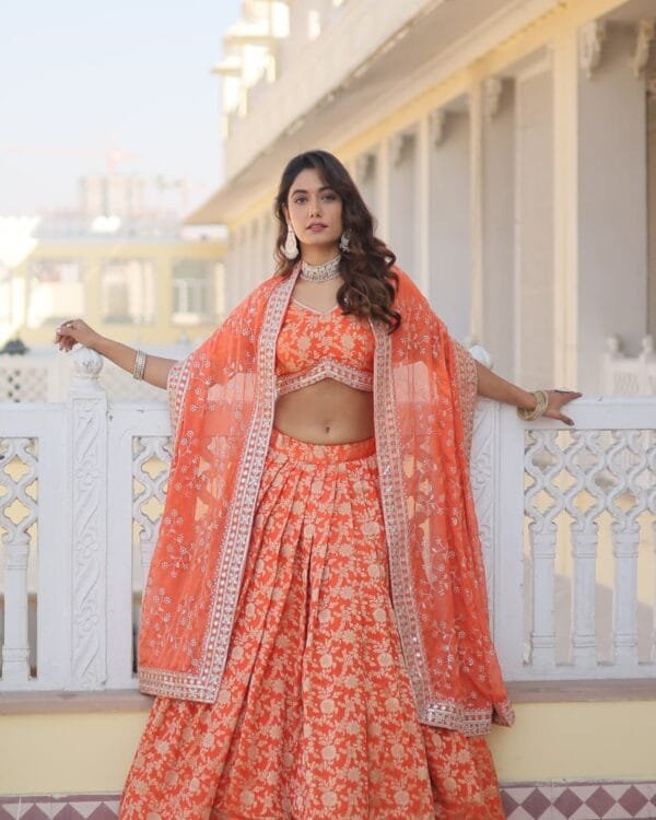 Orange Pure Viscose Lehenga Choli Set For Wedding