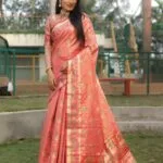 Peach Organza Silk Saree For Women