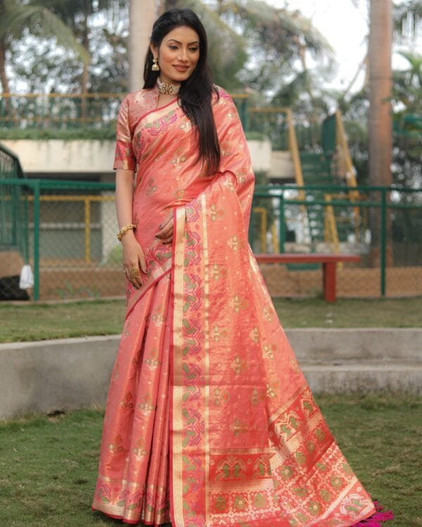 Peach Organza Silk Saree For Women