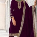 Purple Velvet Kurta Suit Set with Dupatta for women