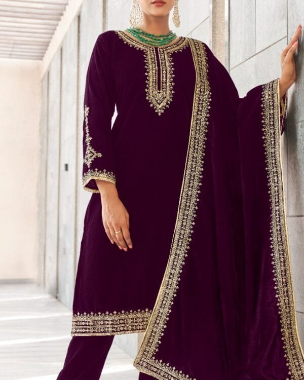 Purple Velvet Kurta Suit Set with Dupatta for women