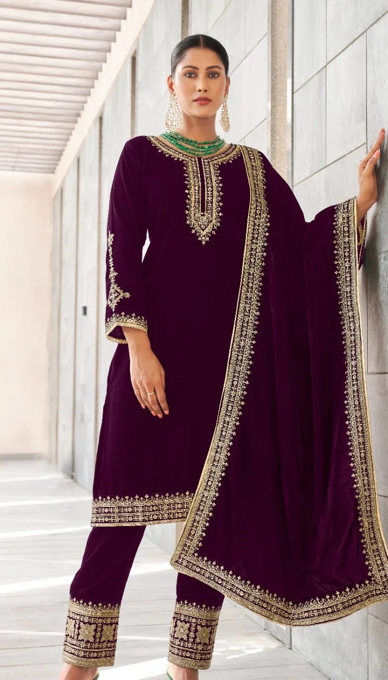 Purple Velvet Kurta Suit Set with Dupatta for women