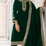 Green Velvet Kurta Suit Set with Dupatta for women