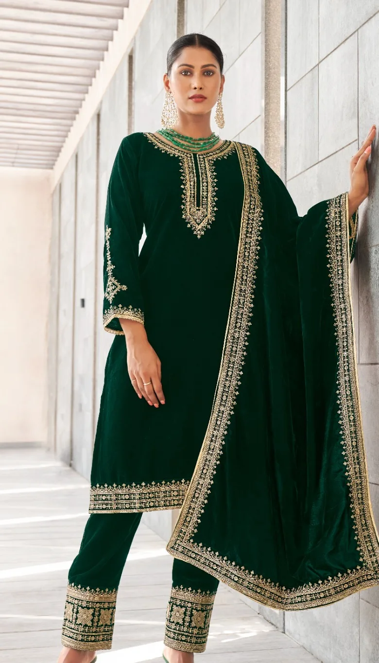 Green Velvet Kurta Suit Set with Dupatta for women