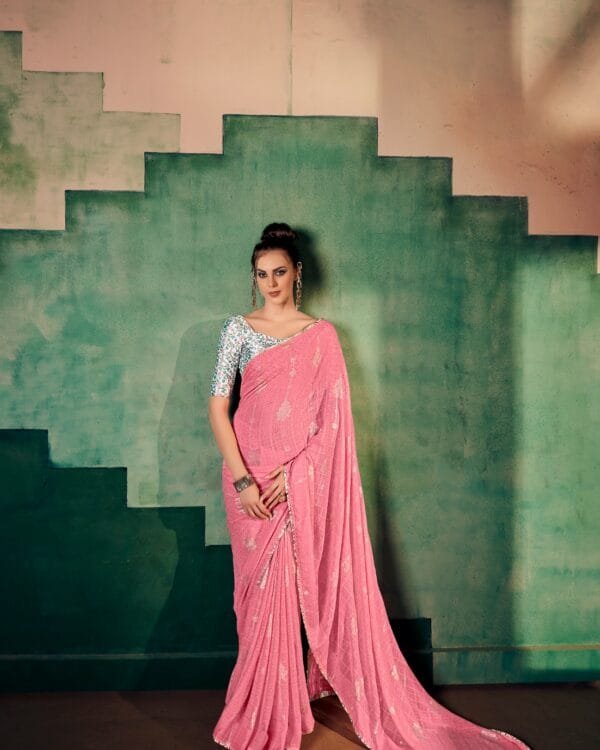 Pink Fancy Saree with Digital Print Blouse Design