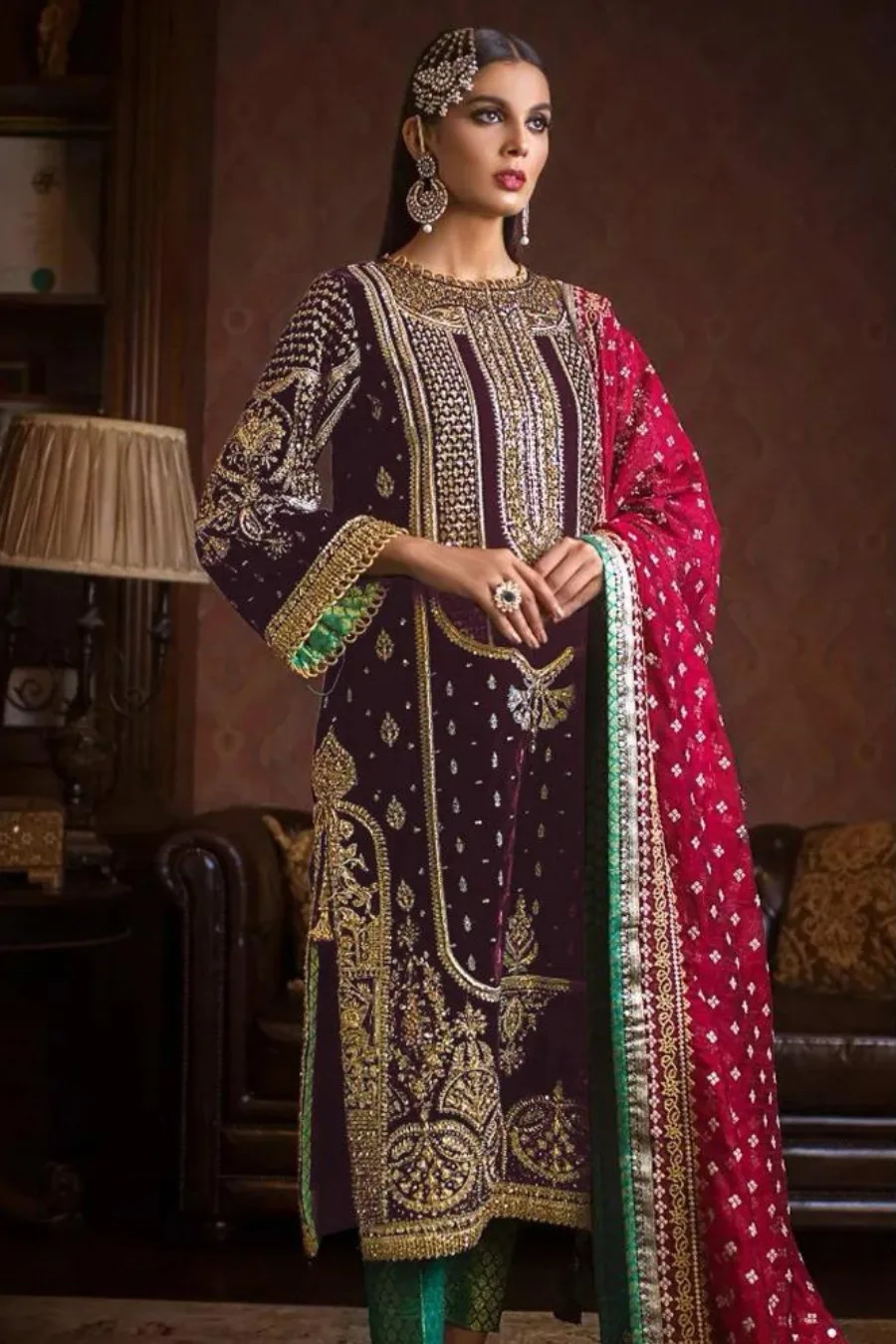 Maroon Velvet Salwar Suit Set For Wedding