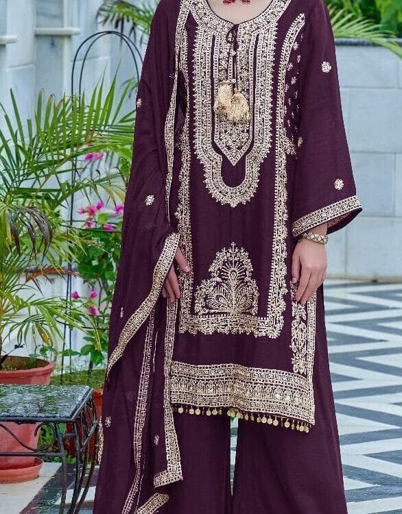 Purple Designer Party Wear Real Chinon Salwar Suit Set