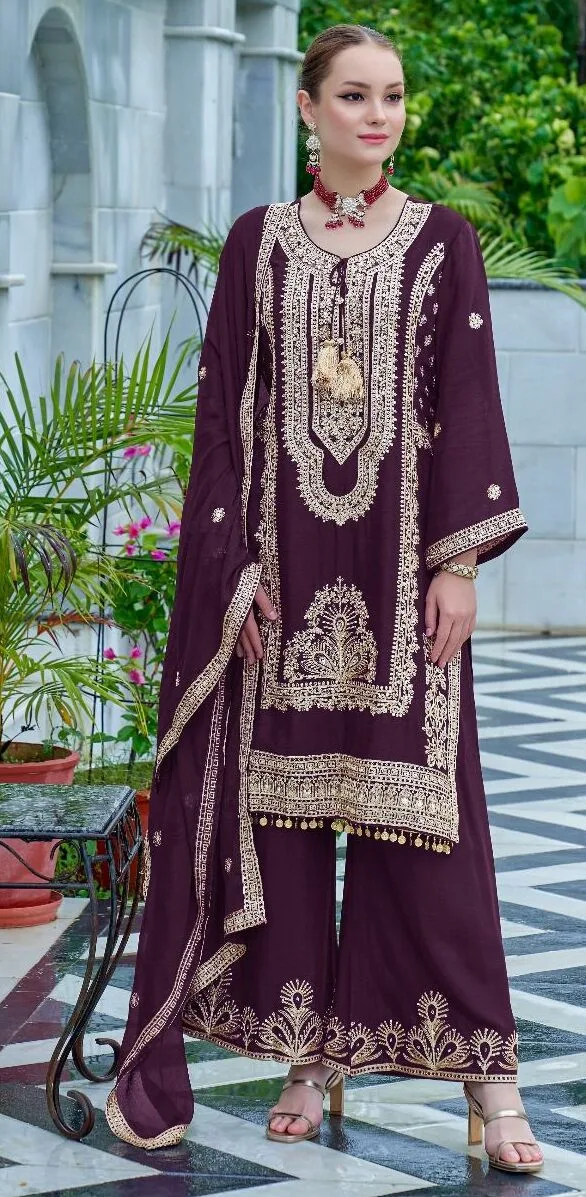 Purple Designer Party Wear Real Chinon Salwar Suit Set