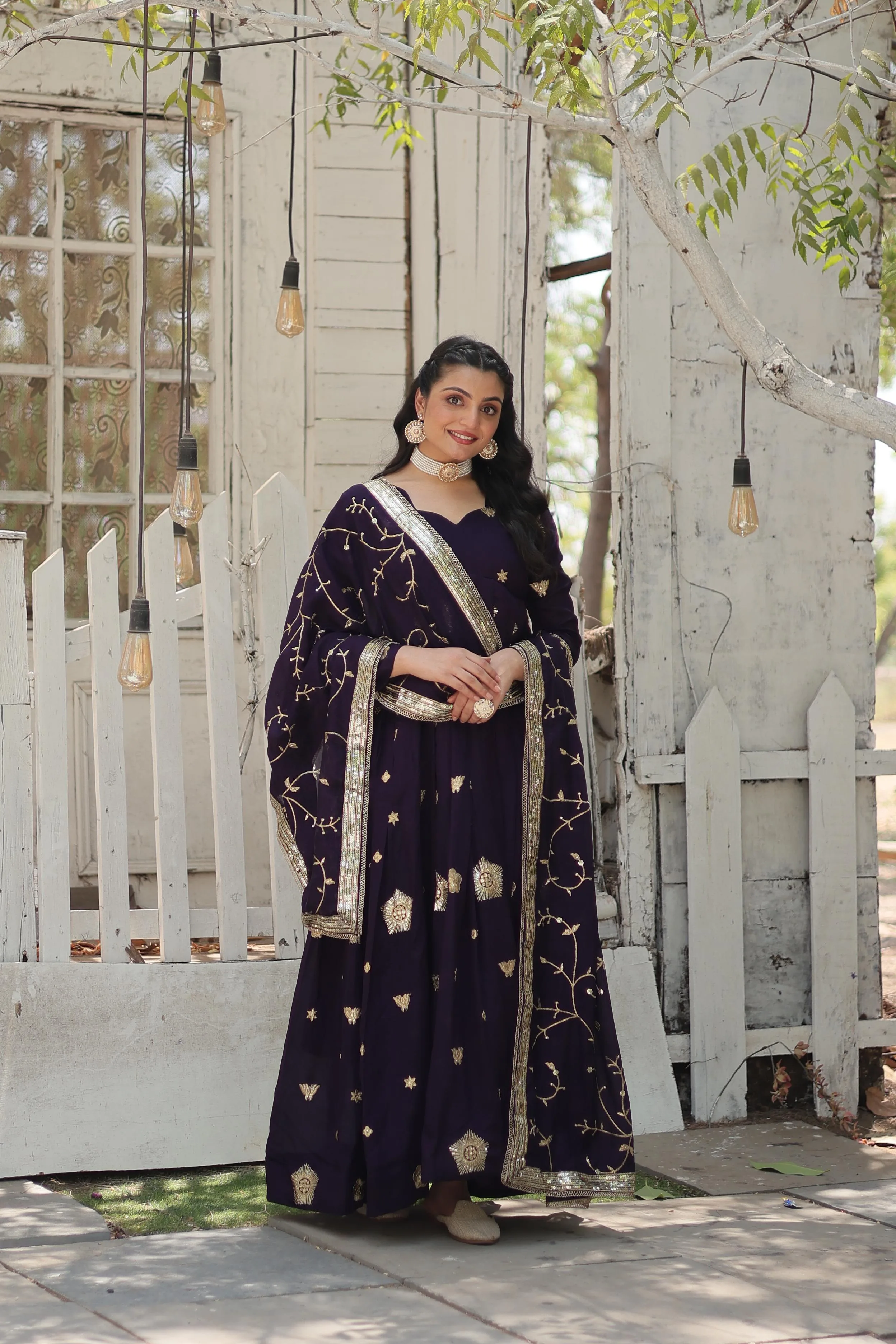 Purple Vichitra Shimmer Gown with Embroidery Work