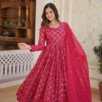 Red Faux Georgette Gown For Women