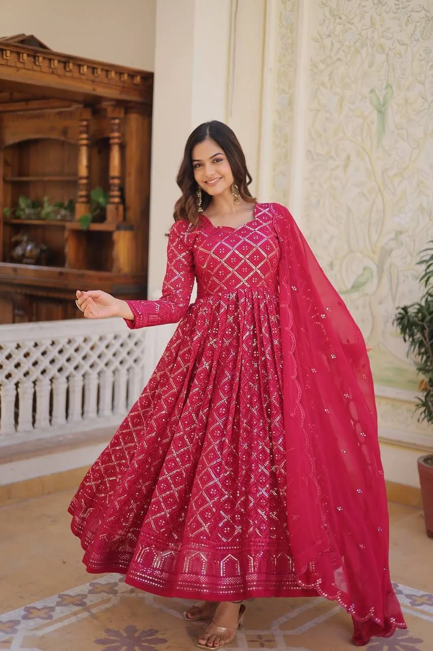 Red Faux Georgette Gown For Women