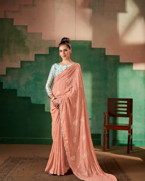 Rose Gold Georgette Fancy Saree with Digital Printed Blouse Pattern