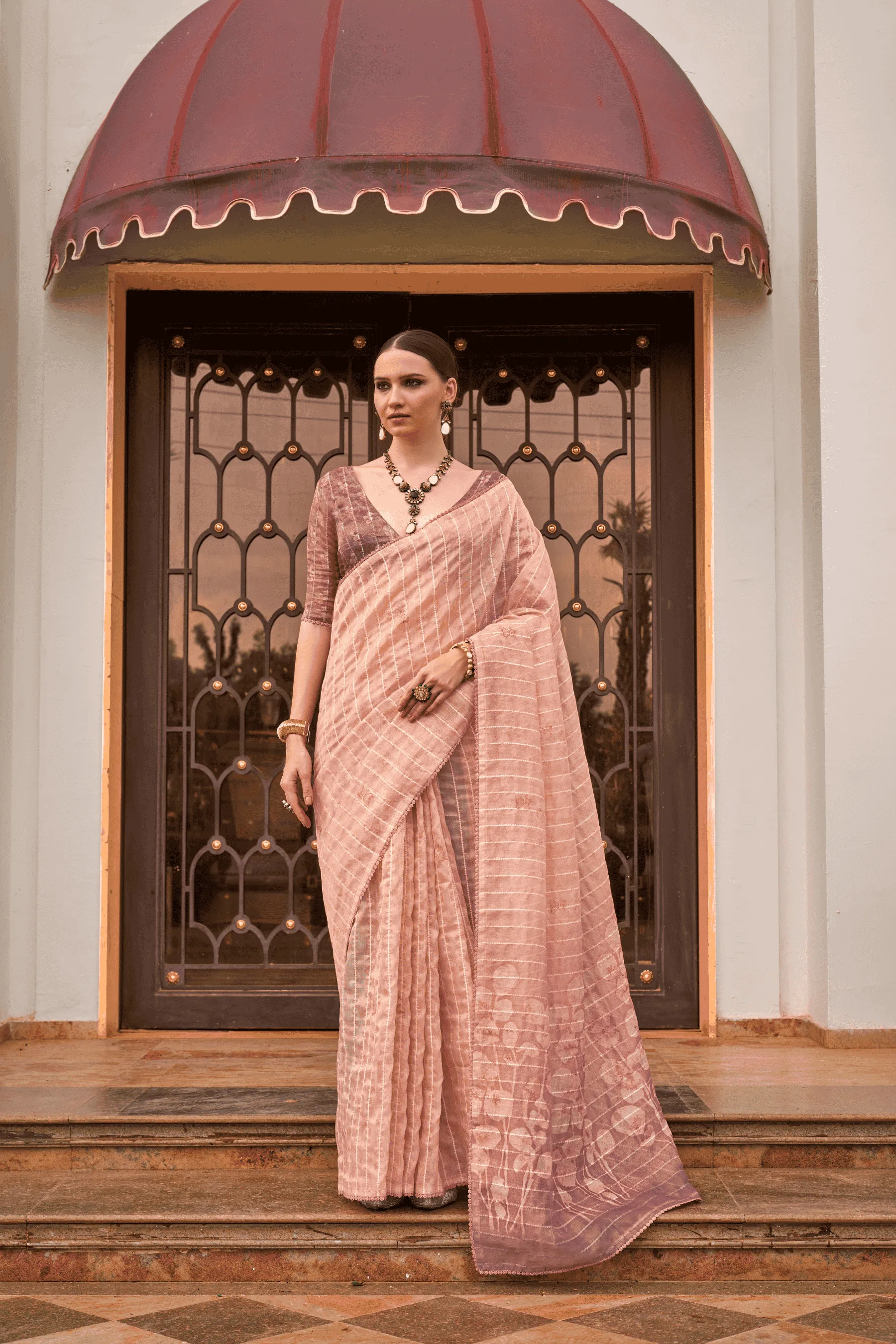 Peach Pure Silk Tissue Saree For Diwali