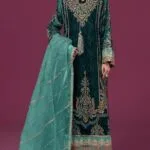 Green velvet suit set with dupatta