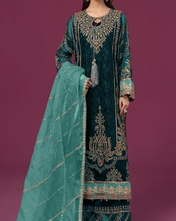 Green velvet suit set with dupatta