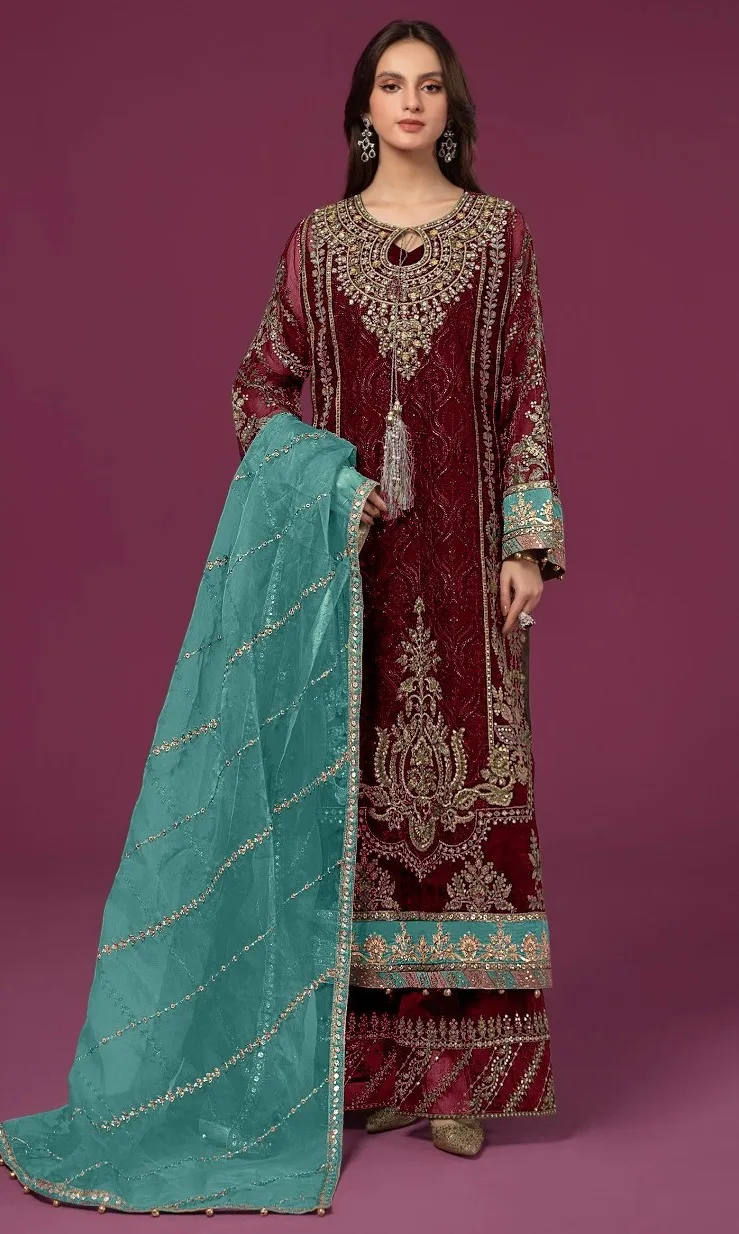 Red velvet suit set with dupatta