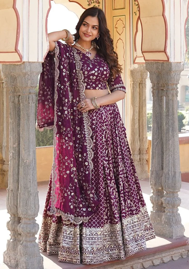 Wine Color Designer Lehenga Choli Set For Diwali