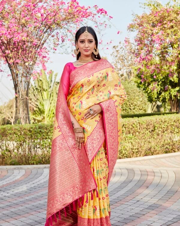 Yellow pure kanjivaram silk saree For Women