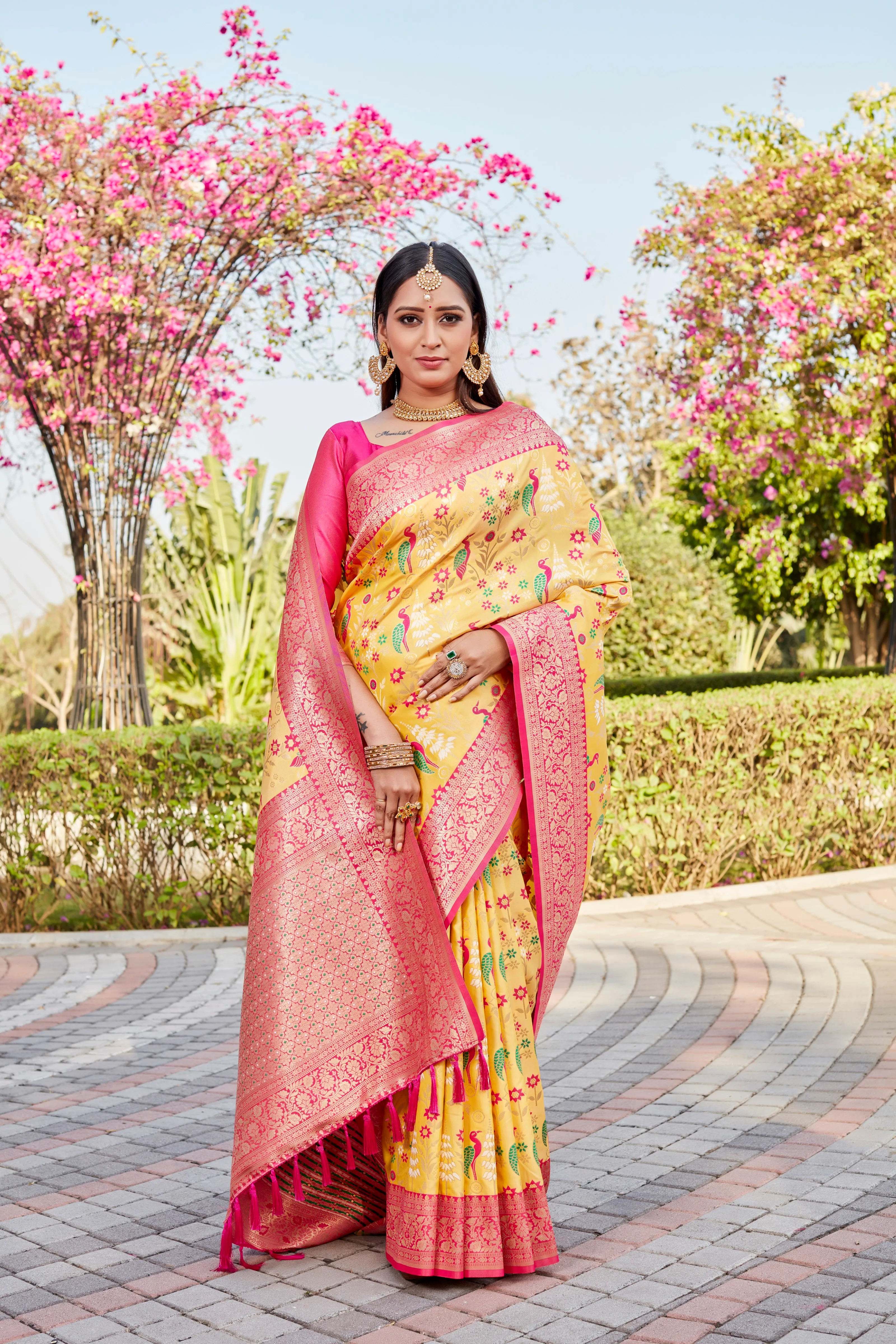 Yellow pure kanjivaram silk saree For Women