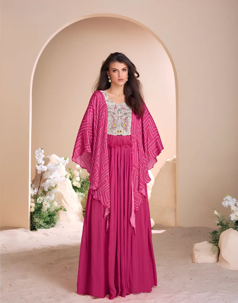 Peach Chinon Silk Fancy Gown with Embroidery Work