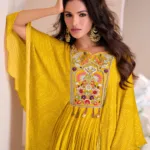 Yellow Chinon Silk Fancy Gown for Womens