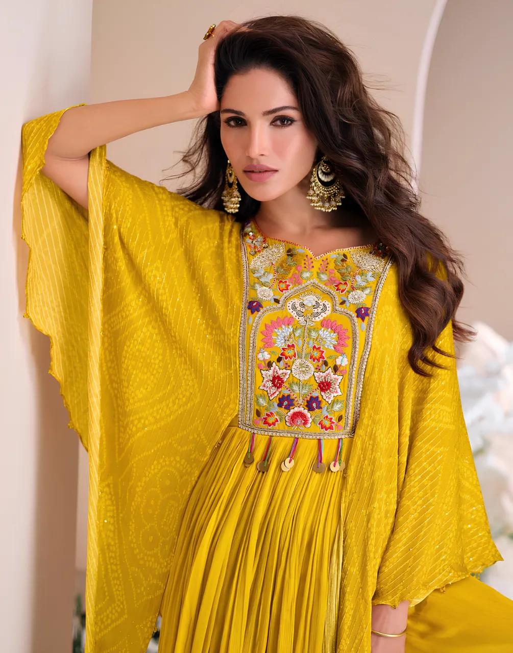 Yellow Chinon Silk Fancy Gown for Womens