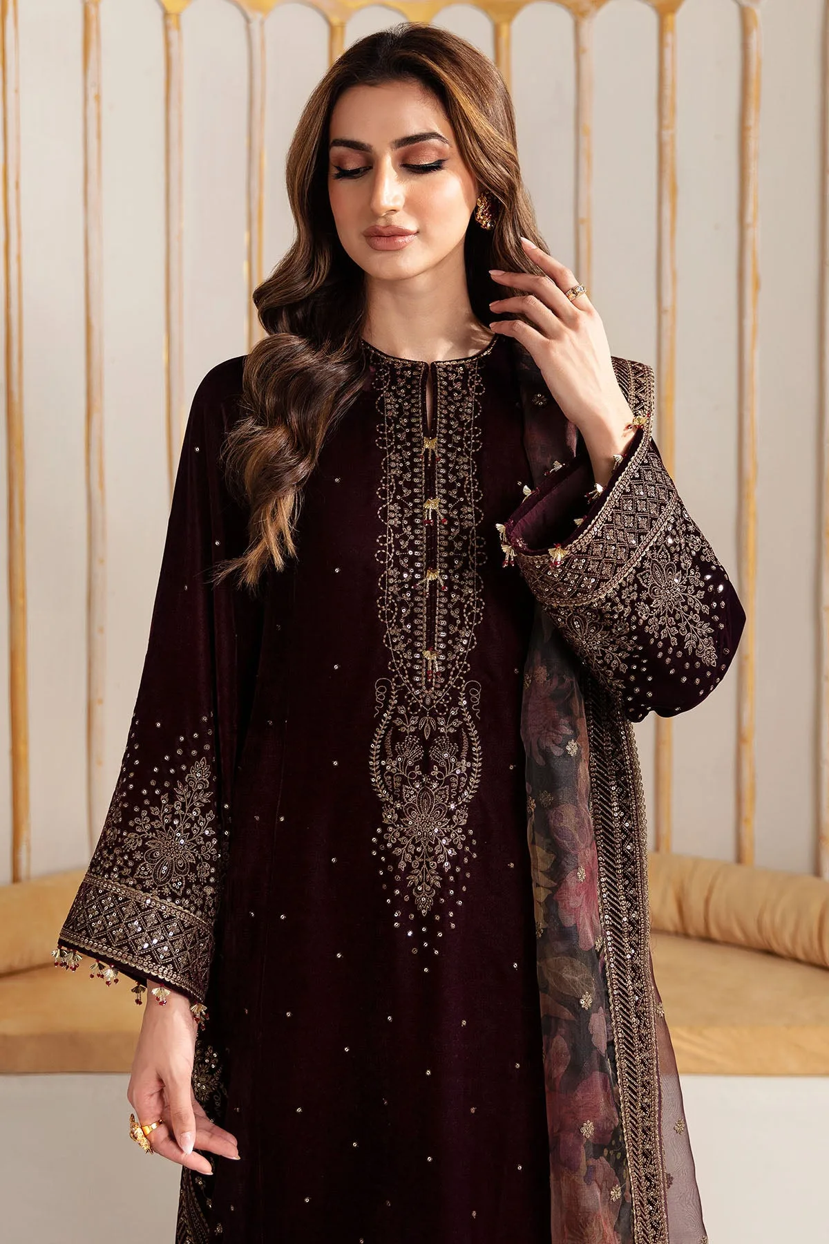 wine velvet suit with dupatta